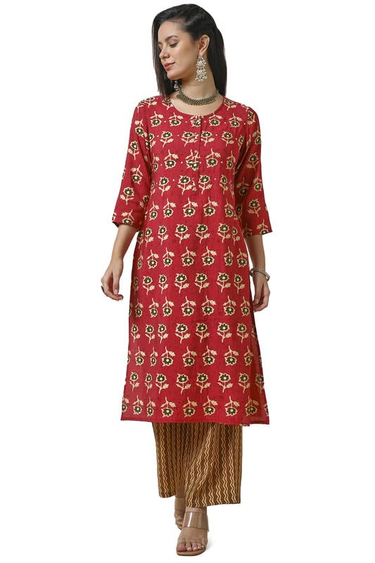 Soch Women Muslin Blend Floral Print Kurta Set with Faux Mirror