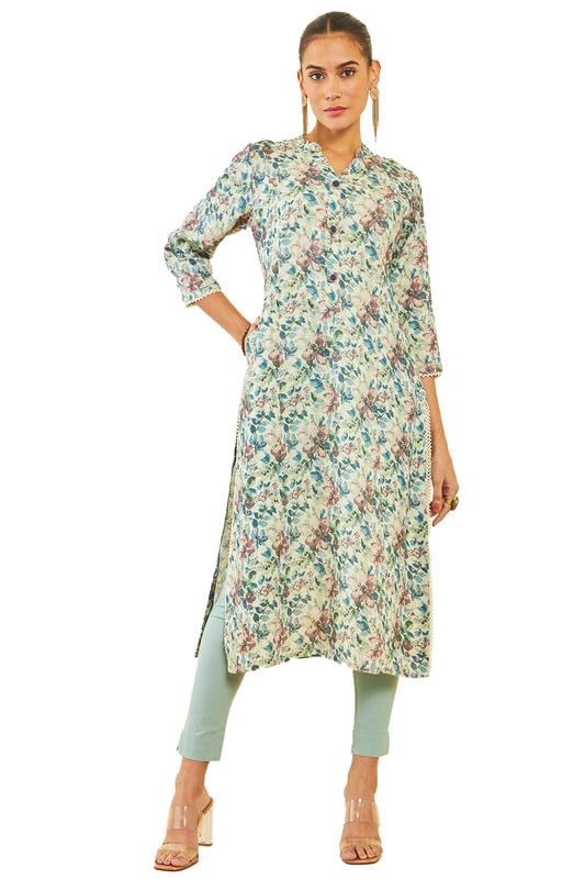 Soch Womens Beige Linen Kurta With Floral Print