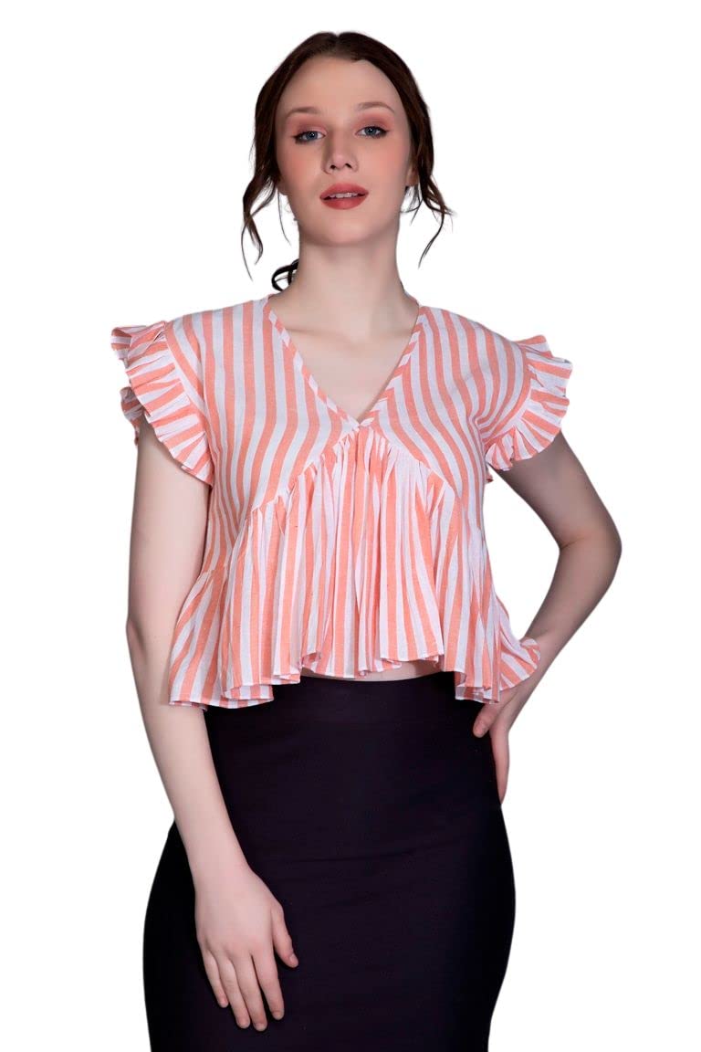 Leriya Fashion WomenS Western Crop Tops | Fancy Stripped With Ruffle Sleeves | Button Down Lightweight Cotton For Girls | Suita
