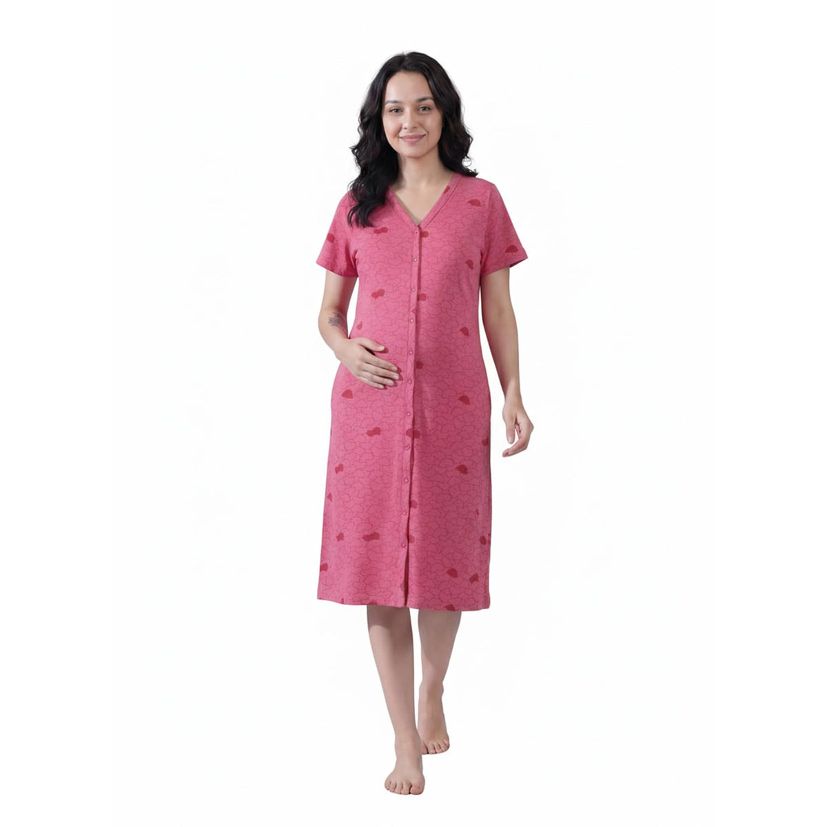 Secret Wish Pink Heart Hosiery Zipless Maternity Nighty | Nursing Nightwear | Easy For Breastfeeding | Pregnancy Night Gown | Pr