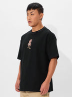The Souled Store Tea-Rex Men and Boys Short Sleeves Round Neck Black Embroidered Cotton Oversized T-Shirts