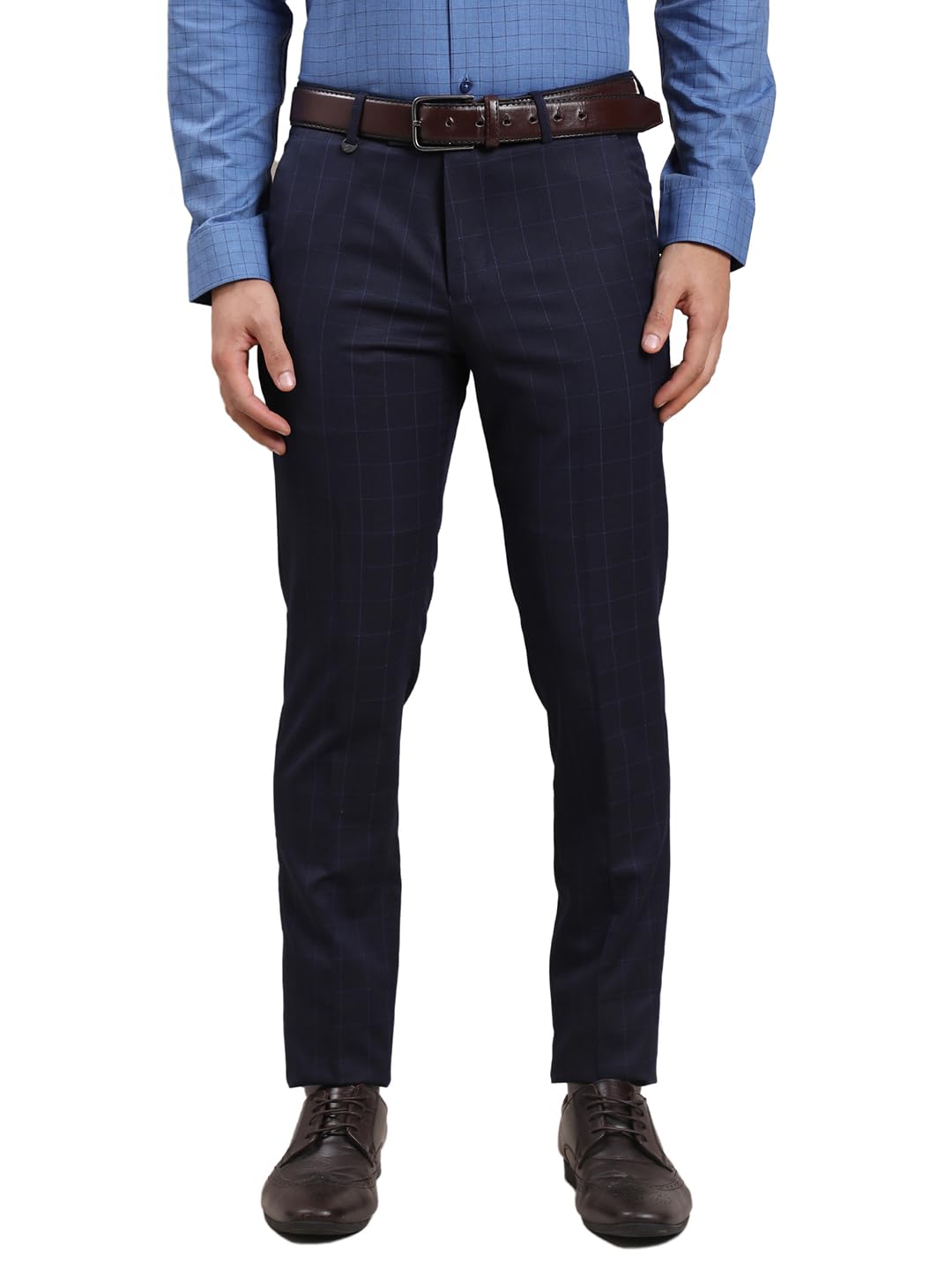Turtle Men Polyviscose Ultra Slim Fit Checks Blue Flat Front Formal Trouser