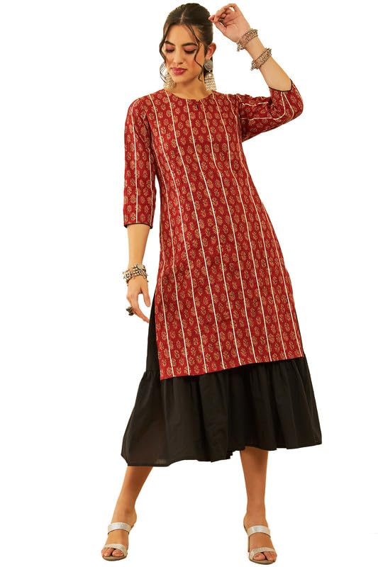 Soch Women Cotton Ethnic Motif Printed Layered Ethnic Dress with Gotta Patti