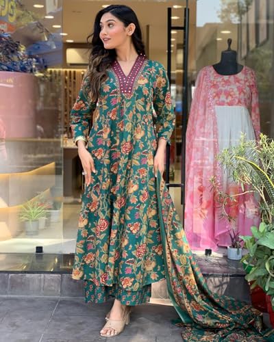ANNI DESIGNER Womens Rayon Blend Anarkali Printed Kurta with Palazzo & Dupatta (CIA Green_4XL_Green_XXXX-Large)