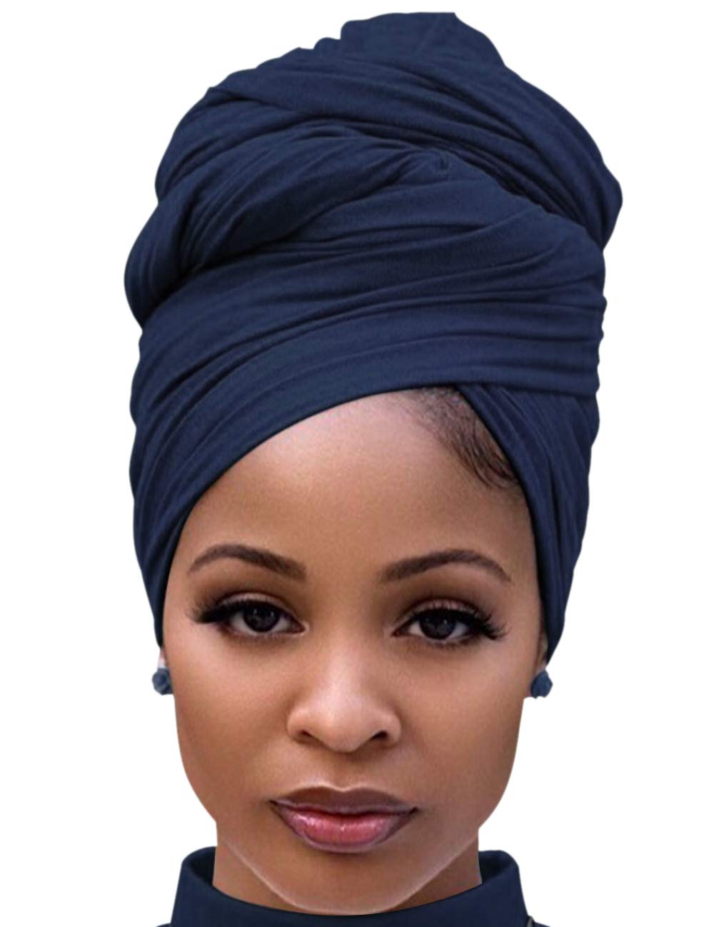 Harewom Headwraps for Women African Turbans Stretch Jersey Knit Scarf Headbands Tie for Bad Hair Day Navy Blue