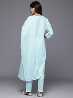 Varanga Women Blue Chikankari Embroidered Kurta With Tonal Bottom And Chiffon Dupatta.