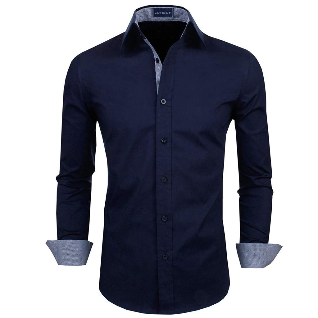 Zombom MenS Solid Cotton Blend Regular Fit Spread Collar & Full Sleeves Casual Lightweight Comfortable Shirt Navy Blue
