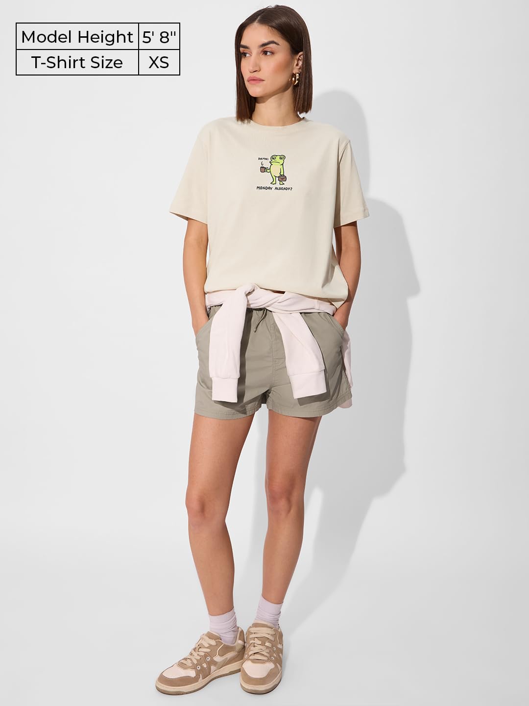 The Souled Store Relaxed T-Shirt: Monday Frog Women and Girls Short Sleeves Round Neck White Graphic Printed Cotton Relaxed Fit
