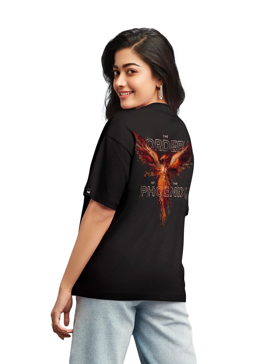 Bewakoof Womens Order of The Phoenix Graphic Printed - Oversized Fit, Round Neck, Half Sleeves_589279_Black_XL