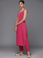 Varanga Women Pink Round Neck, Spaghetti Strap Style Straight Kurta Paired With Tonal Bottom And Dupatta