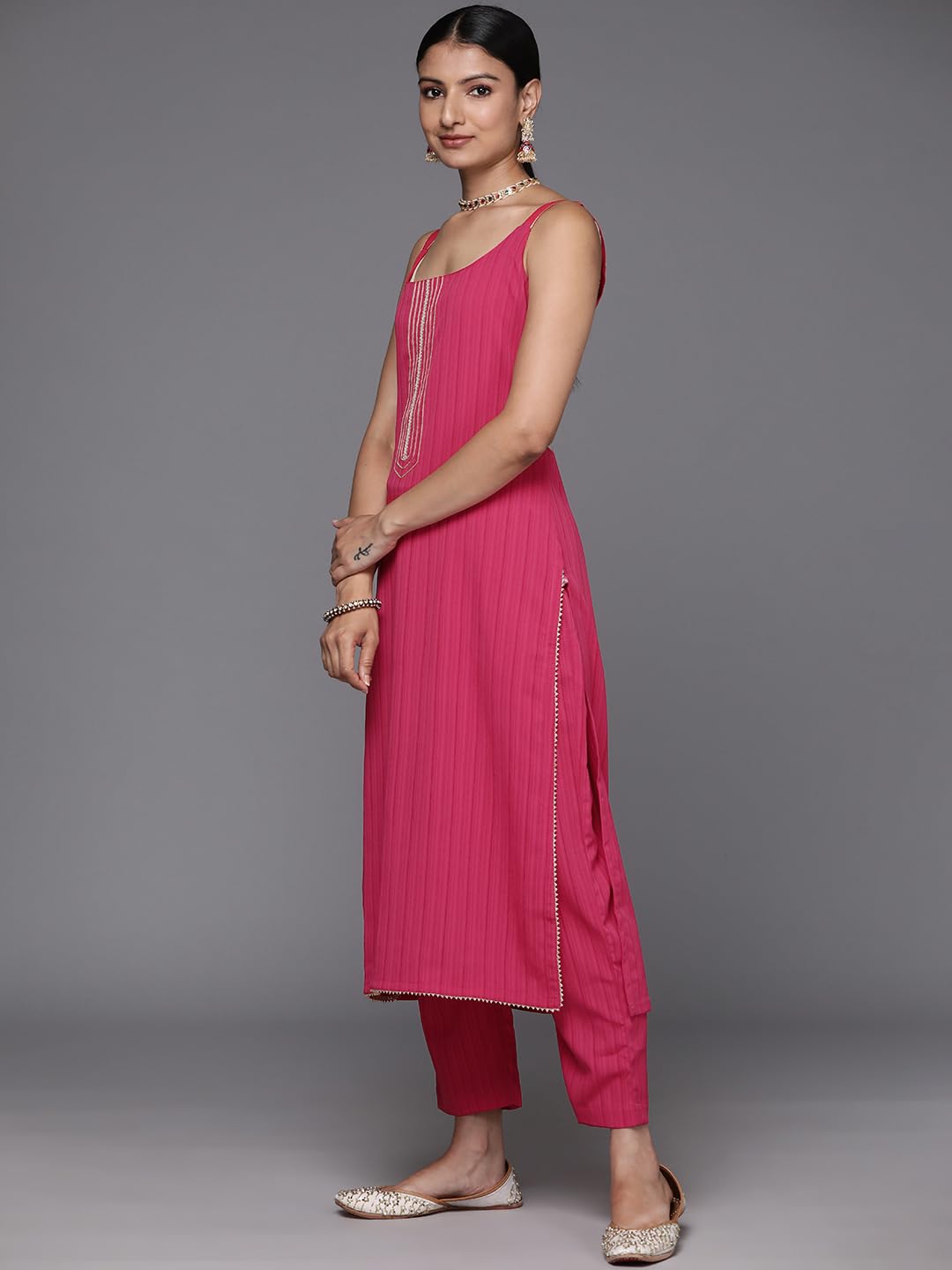Varanga Women Pink Round Neck, Spaghetti Strap Style Straight Kurta Paired With Tonal Bottom And Dupatta