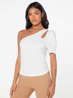 Shasmi Womens & Girls White Short Puff Sleeve, One Shoulder Neck, Ruched Bust Solid Tops for Women/Tops, T-Shirts for Girls (T