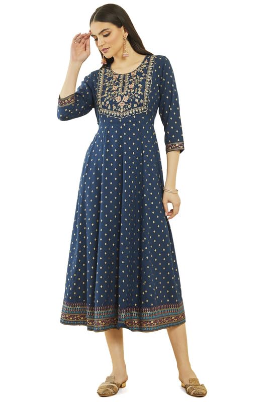 Soch Women Rayon Botanical Print Dress Kurta with Embroidery On Yoke