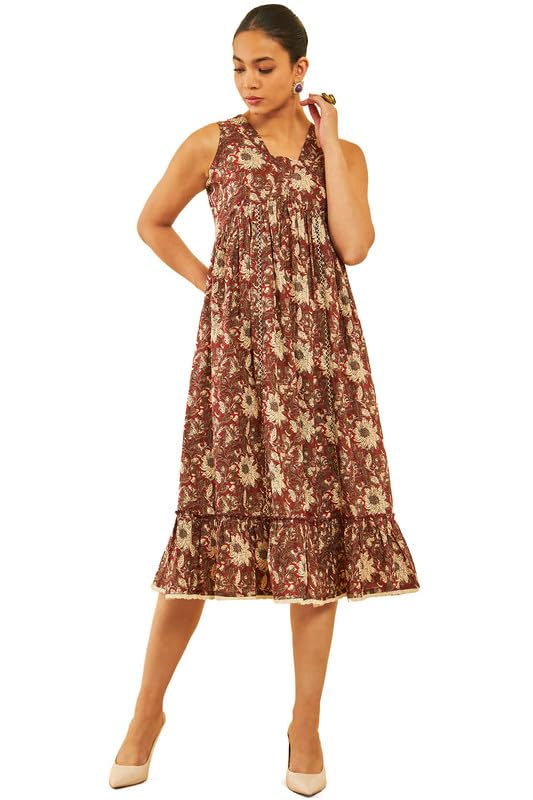Soch Women Cotton Floral Printed Empire Dress with Lace