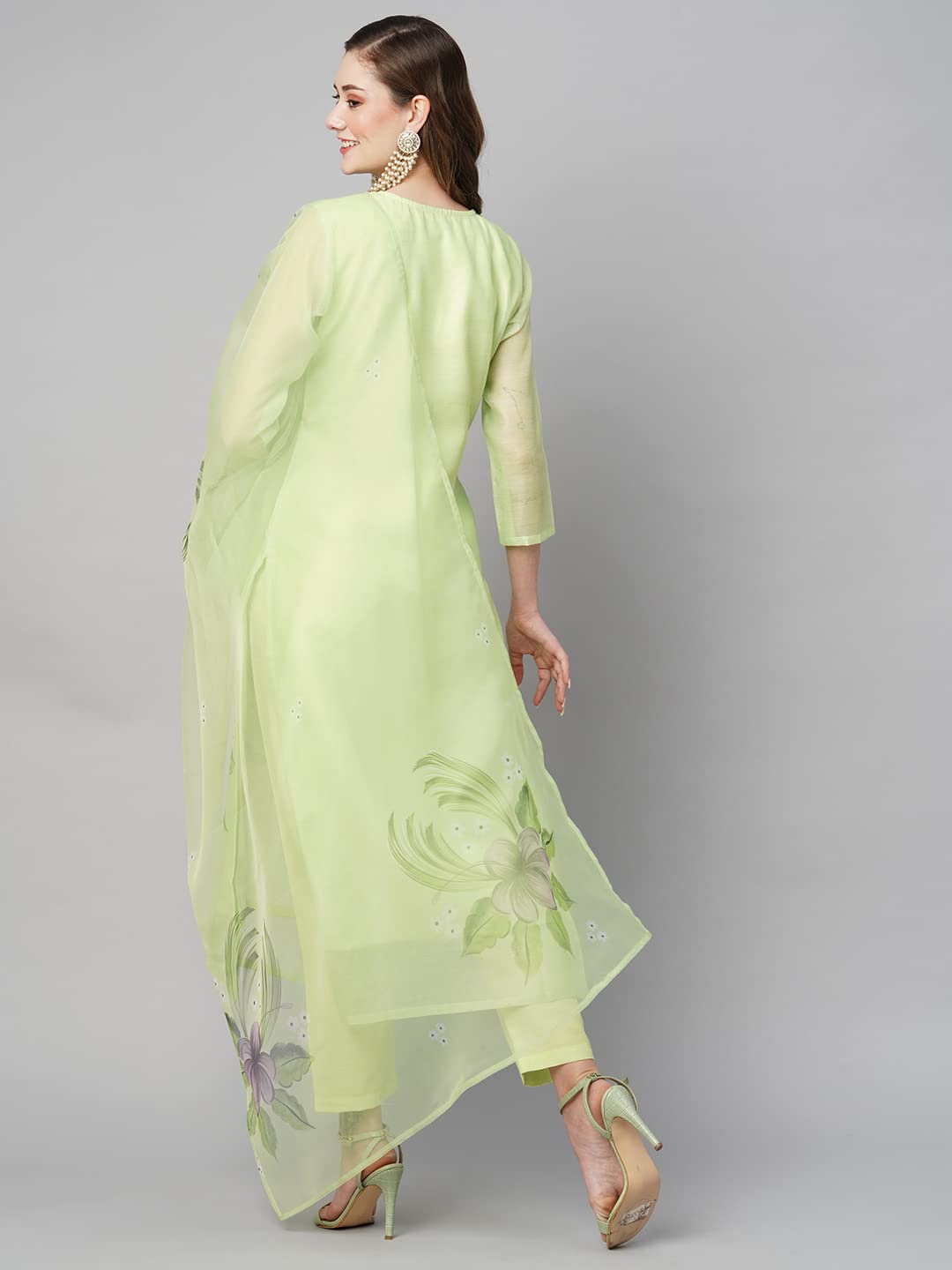 ANNI DESIGNER Womens Chanderi Cotton Straight Printed Kurta with Pant & Dupatta (Idika Green-NW_L_Green_Large)