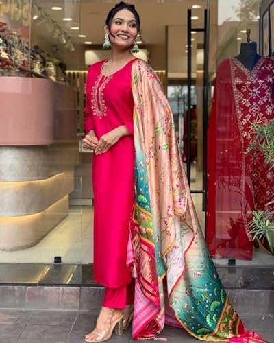 ANNI DESIGNER Womens Rayon Blend Embroidered Straight Kurta with Pant & Dupatta (OCB Pink_VKS-01_S_Pink_Small)