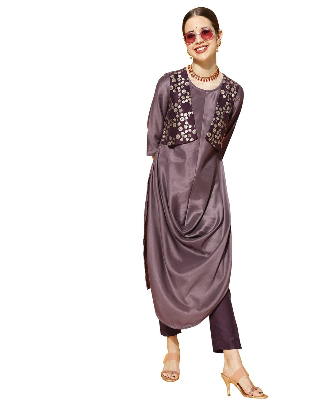 Ziyaa Women'S Purple Chinon Flared Kurta And Pant Set(Zikuch3729Andpa-Xxl)