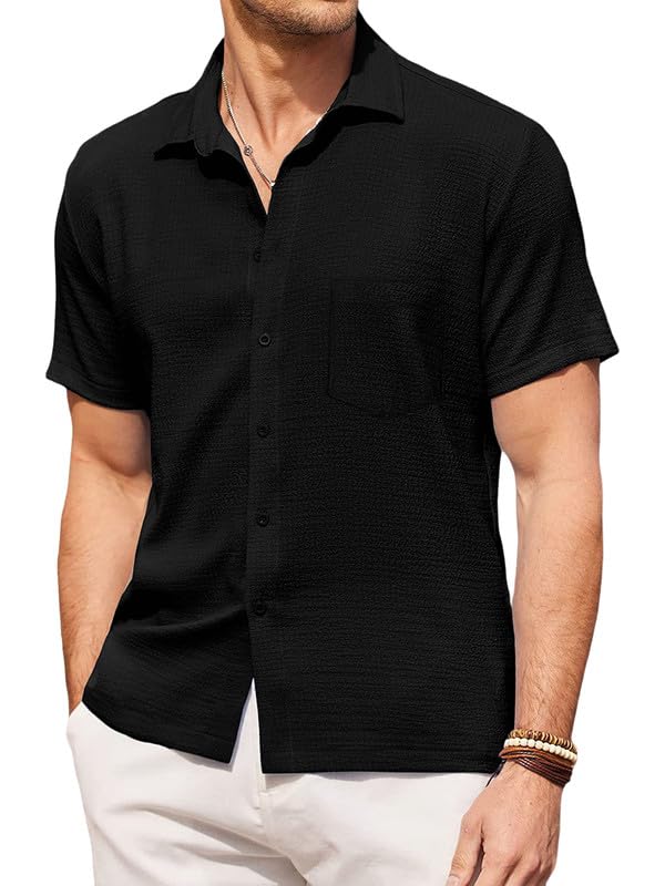 Tee Projekt Mens Popcorn Shirt Comfortable Short Sleeve Shirts Casual Textured Shirt (Pack of 1) Black