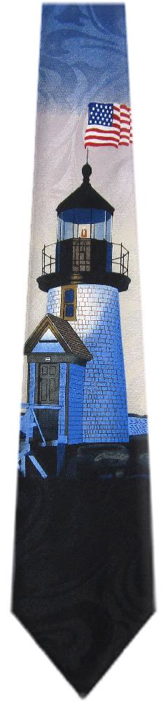 Mens Novelty Light House Necktie - Black Blue Red White