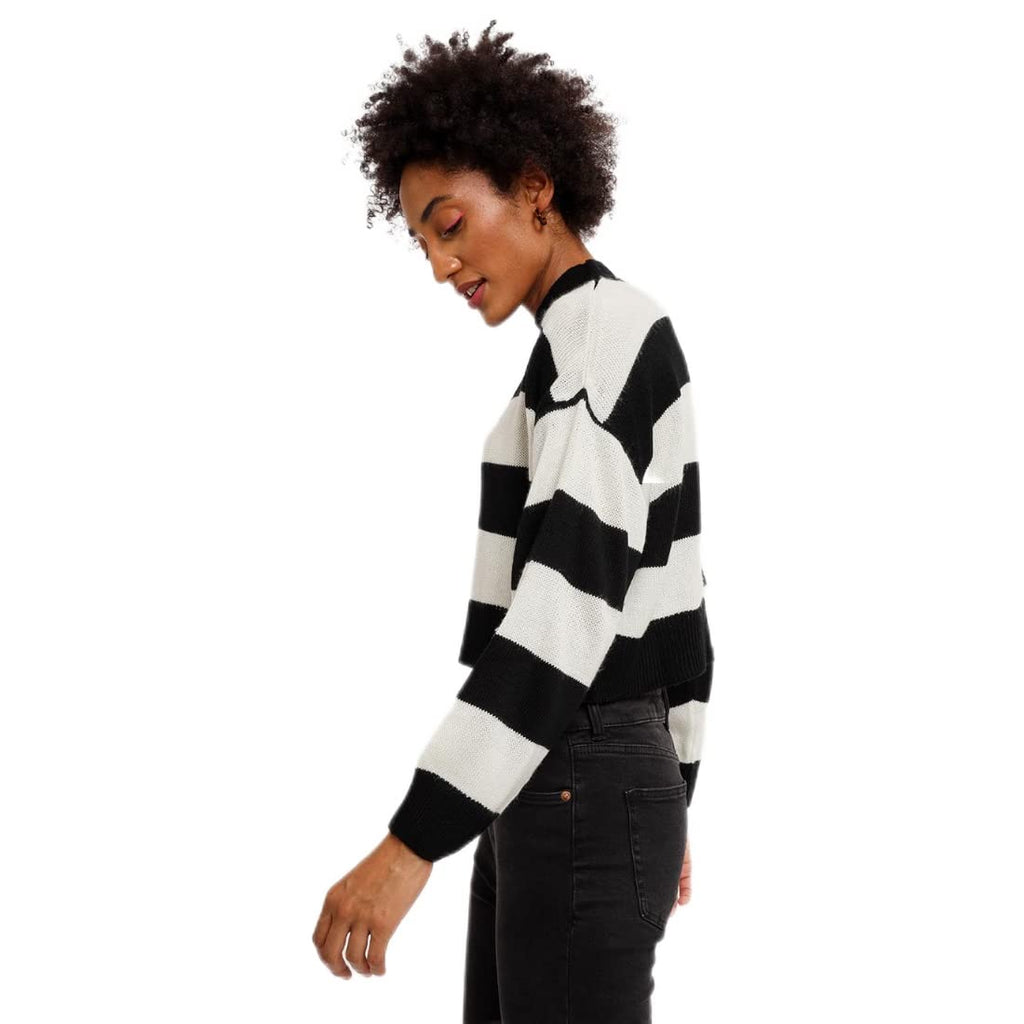 Bewakoof Womens Striped Oversized Fit Full Sleeve Round Neck Acrylic Sweater Black