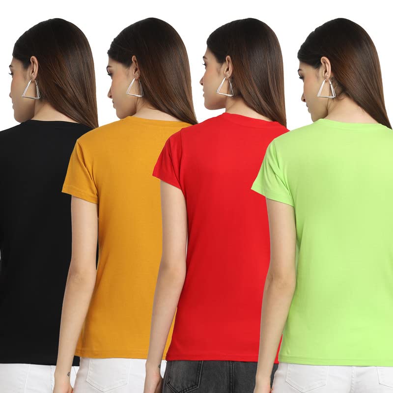Preneum Womens Cotton Regular Fit Latest Graphic Stylish Printed Short Sleeves Casual T-Shirt || Trendy (Pack 4), Black & Yello