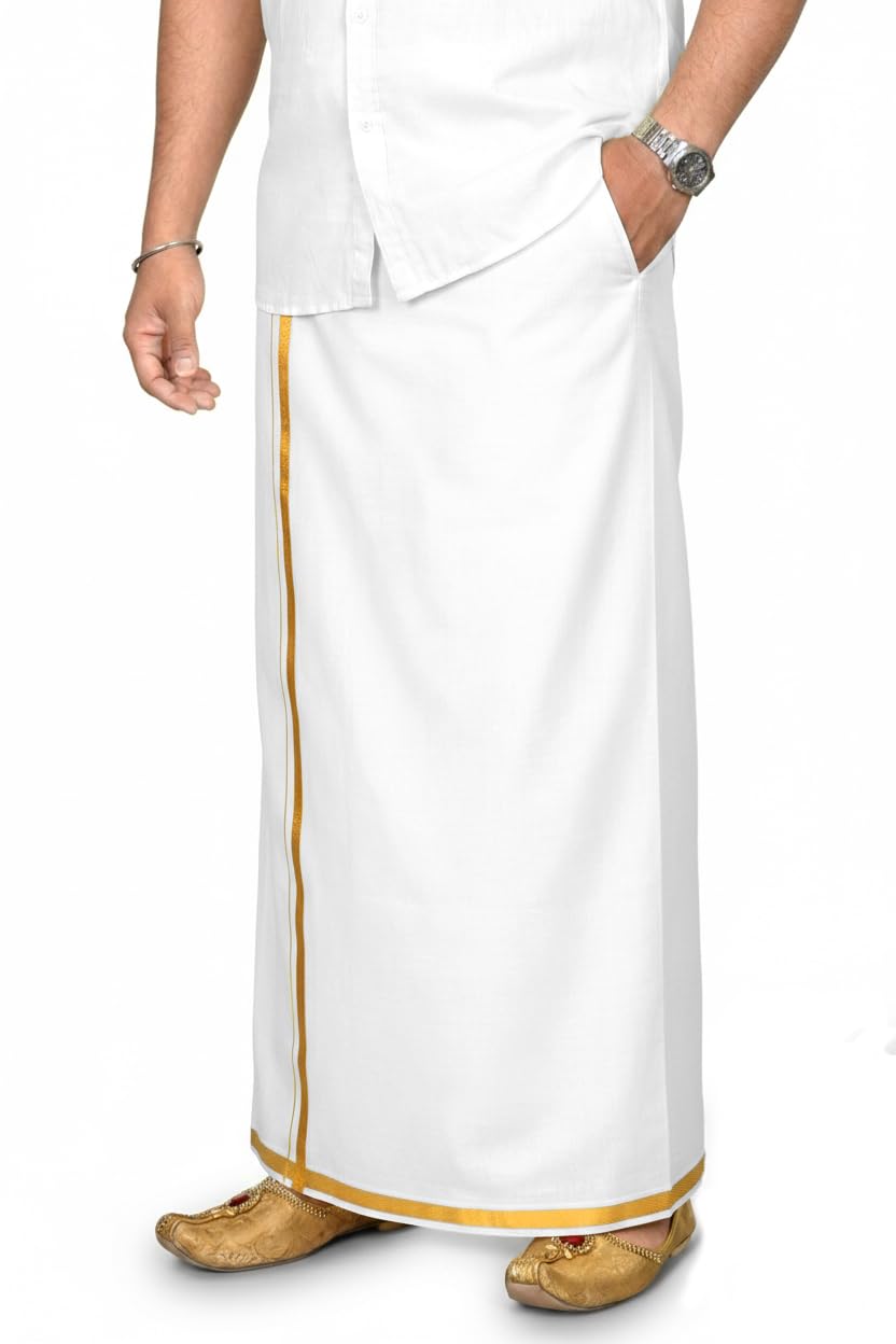 Tuni Mani MenS South Indian Traditional Readymade Polyester Welcro Dhoti With Side Pocket | Adjustable (2844 Inches) (3/4 W 28-44