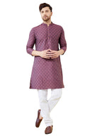 See Designs Men Long Sleeve Side Slit Mandarin Collar Purple Ethnic Motifs Silk Jacquard Woven Design Straight Kurta - Bnrskt715