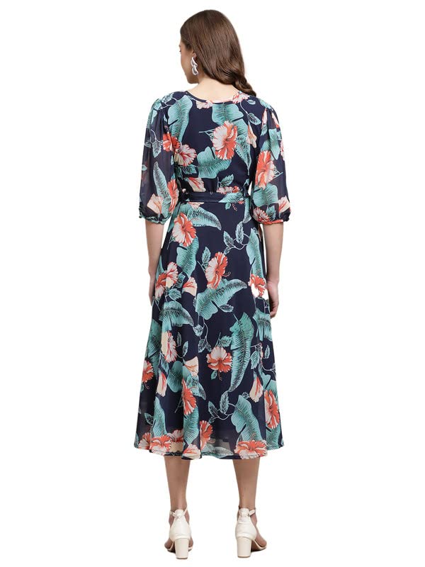 Preneum WomenS Maxi Fit & Flare Latest Style Print Georgette Regular Sleeves Casual |Summer Festival & Occasion Maxi Gown,Navy