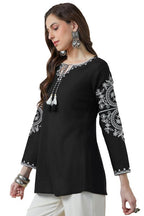 Soch Womens Black Rayon Embroidered Tunic with Tassels