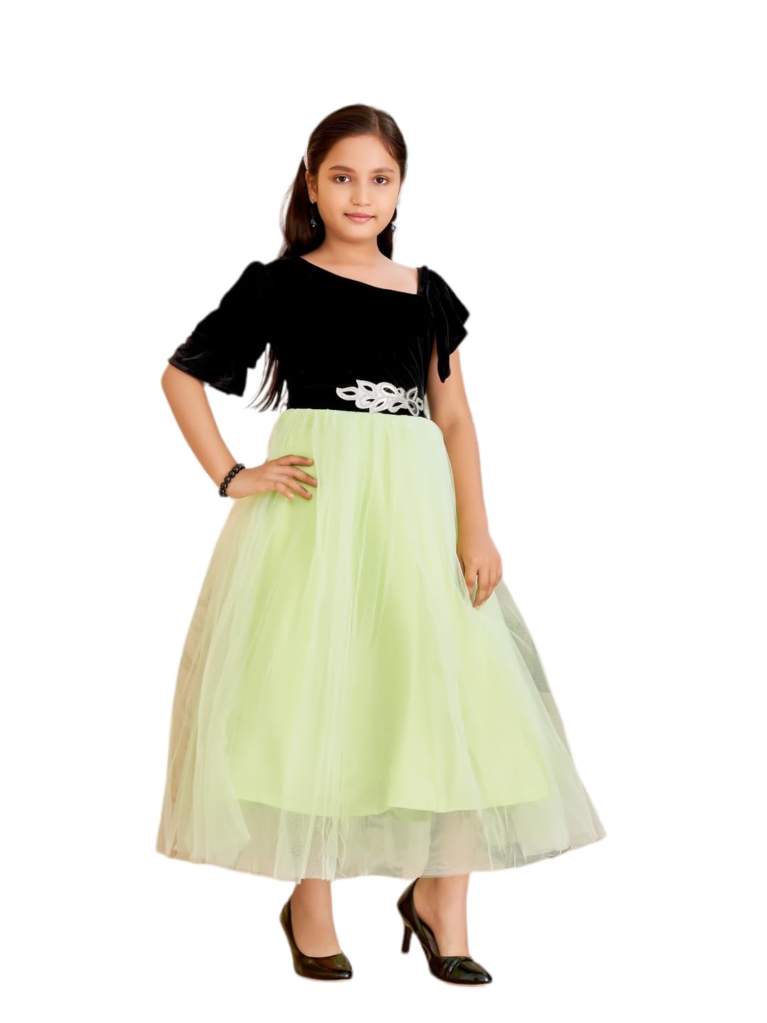 Aarika Girls Green Colour Self Design Velvet/Net Gown (5-15 Years)