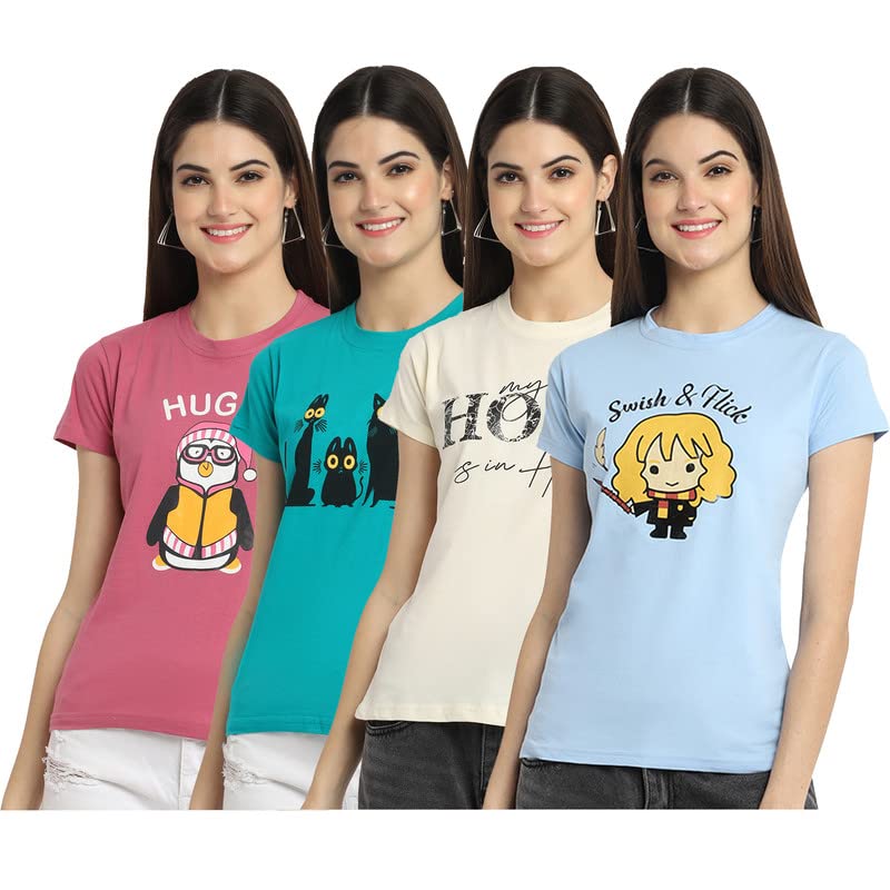 Preneum Womens Cotton Regular Fit Latest Graphic Stylish Printed Short Sleeves Casual T-Shirt || Latest Trendy & Styles (Pack 4