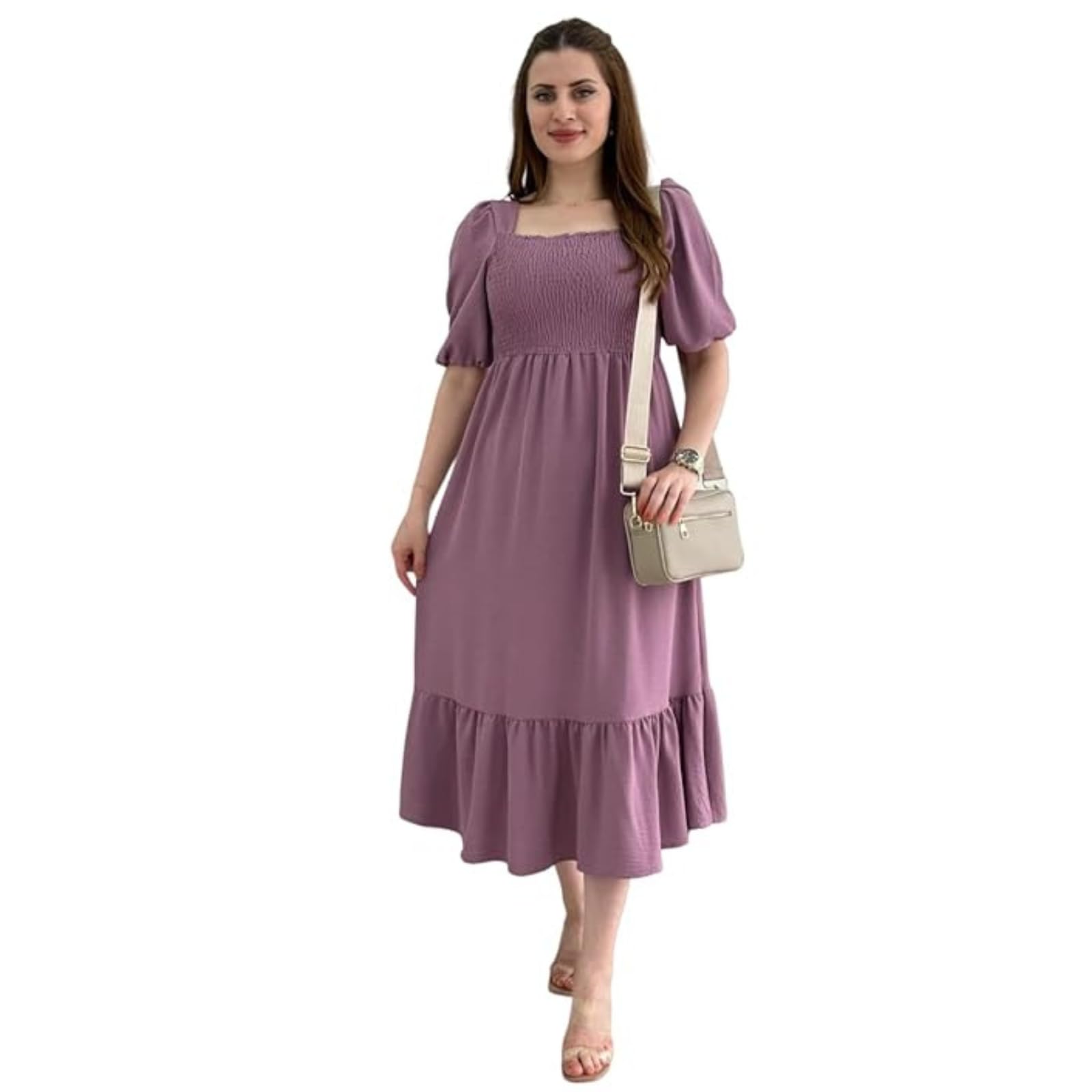 Sheetal Associates Women Solid Purple Casual Crepe Fit and Flare Knee Length Dress, Medium Size