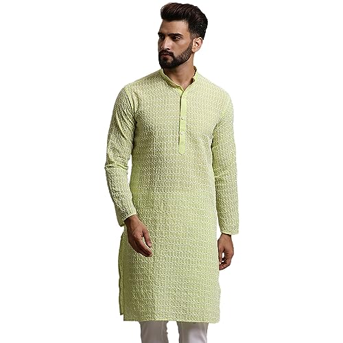 Sojanya (Since 1958 MenS Pure Cotton Green Long Kurta With White Embroidery