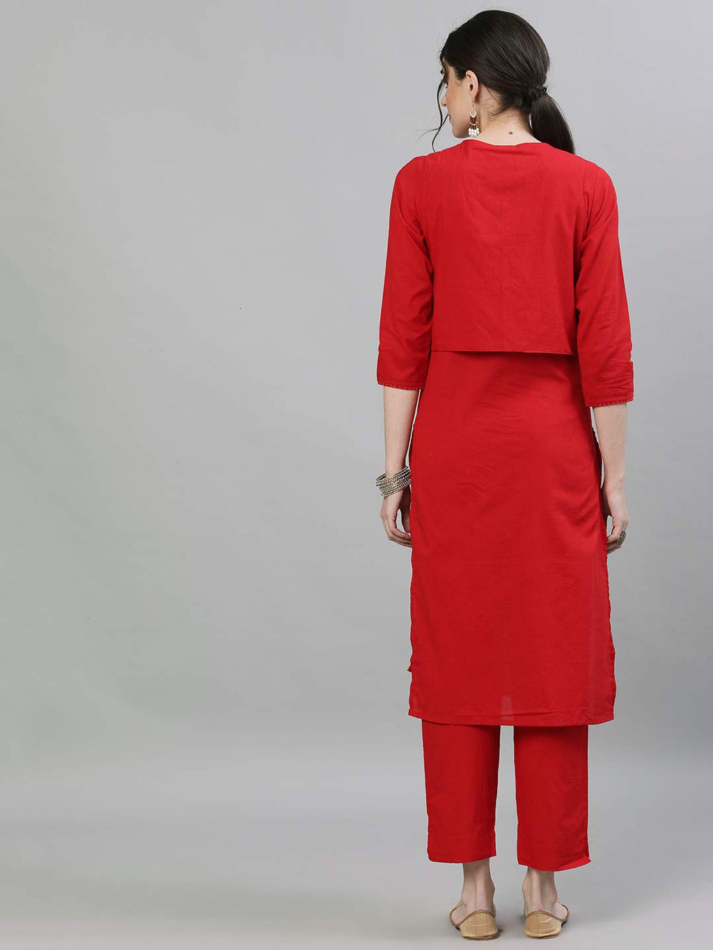 Ishin Women'S Pure Cotton Straight Embroidered Sequinned Floral Print Red Kurta Suit Set With Trouser