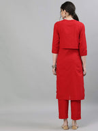 Ishin Women'S Pure Cotton Straight Embroidered Sequinned Floral Print Red Kurta Suit Set With Trouser