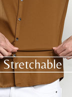 Dennis Lingo MenS Solid Brown Slim Fit Satin Lycra Casual Shirt With Concealed Button Down & Full Sleeves