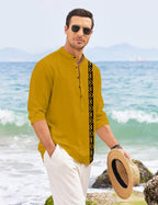 Finivo Fashion MenS Short Kurta With Printed Geometric Side Panel | Cotton Blend Full Sleeve Ethnic Topwear With Mandarin Collar