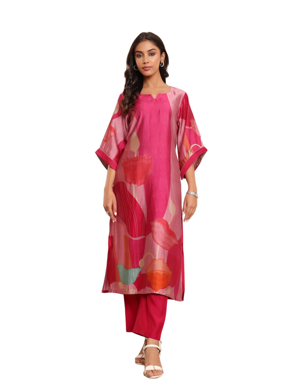 Varanga Women Fuchsia Pink Abstract Printed Straight Kurta With Trousers  Stylish Ethnic Set