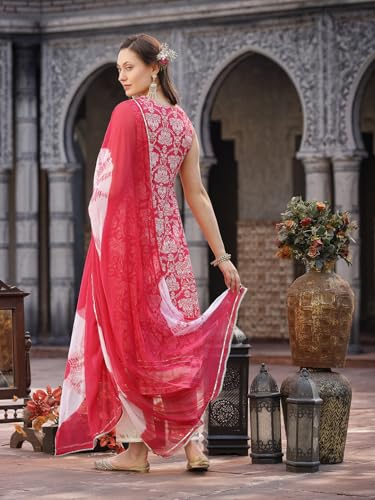 Stylum Womens Printed & Embroidered Cotton Anarkali Kurta Pant Dupatta Set