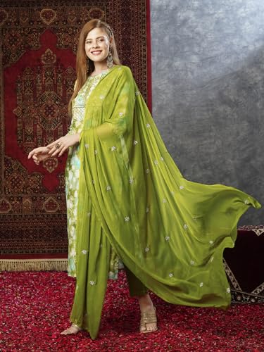 ANNI DESIGNER Womens Cotton Blend Printed Straight Kurta with Pant & Dupatta (Bhadrusha Green-JB_S_Green_Small)