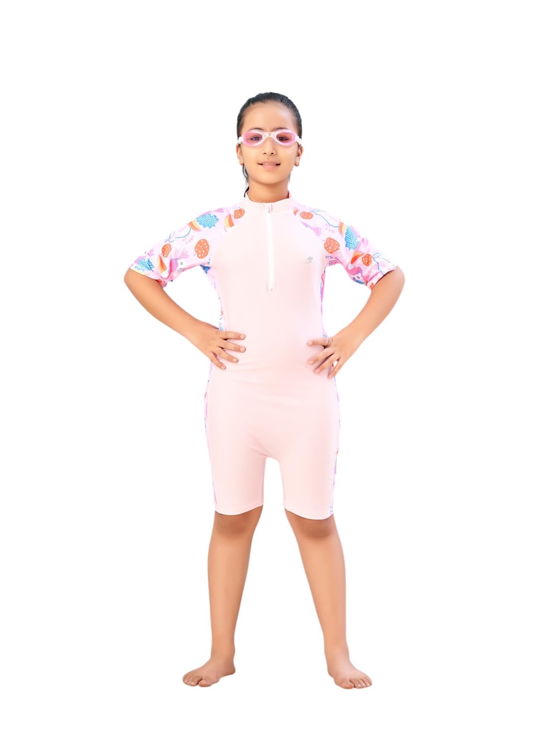 Aarika Girls Sports Wear Pink Colour Floral Print Nylon Swim Suit with Goggle (4-15 Years)-(SW-SHM-GPCH-AB-617-PINK-4)