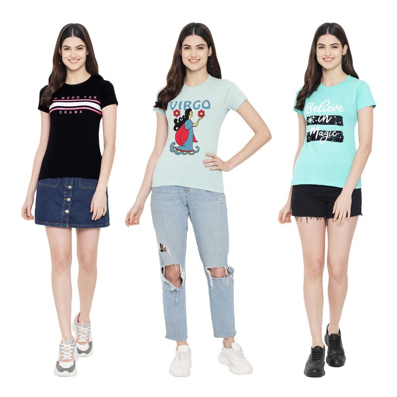 Preneum Womens Cotton Regular Fit Latest Graphic Stylish Printed Short Sleeves Casual T-Shirt || Latest Trending Style (Pack 3)