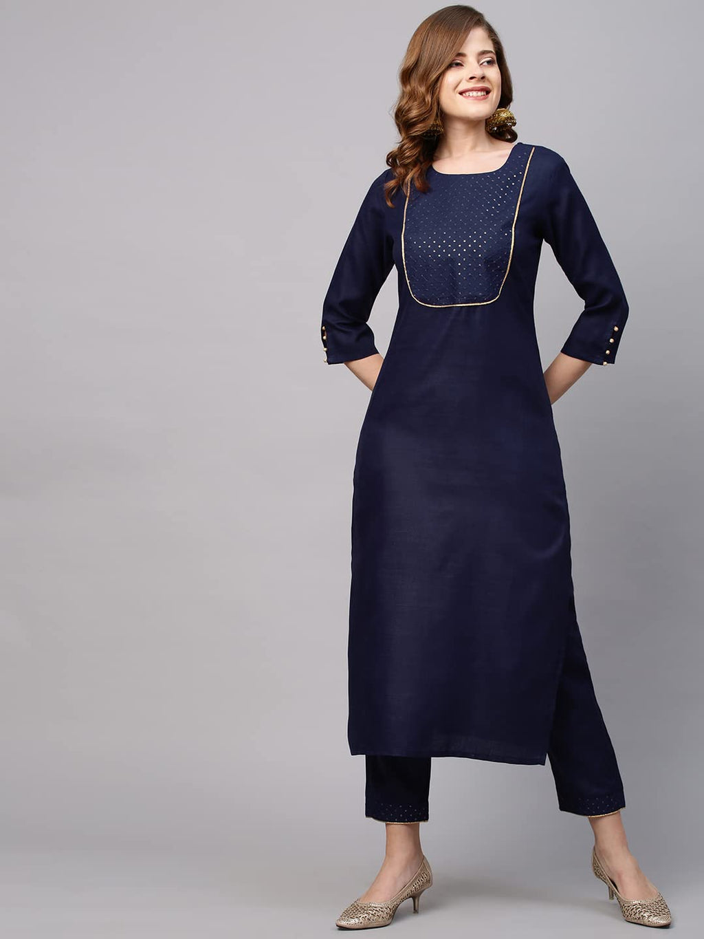 Gosriki Women'S Cotton Blend Straight Solid Kurta With Pant & Dupatta (Jhony-Go)