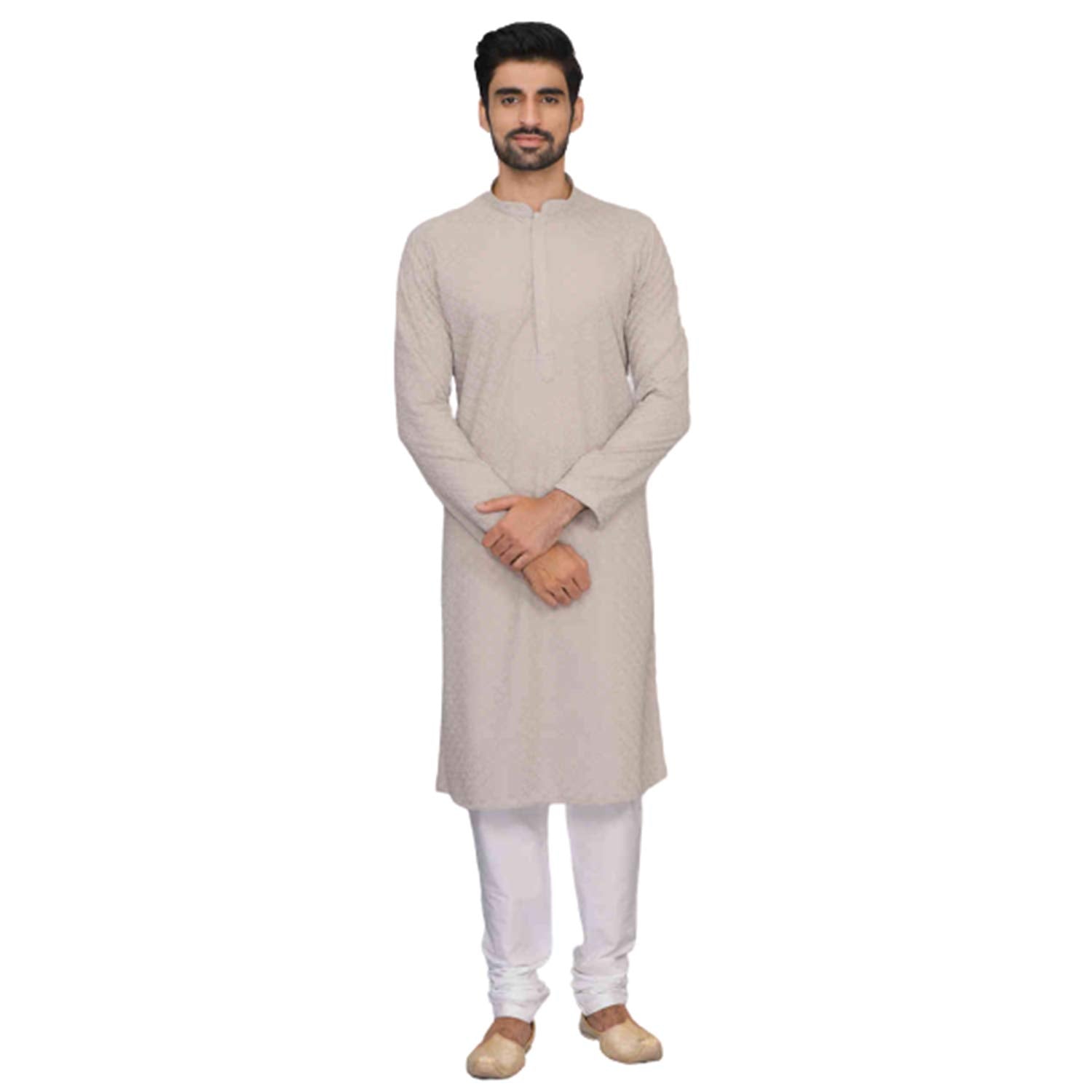 Manyavar Cotton Chikan Grey Kurtaset For Mens - (Medium,Grey) (S952811)