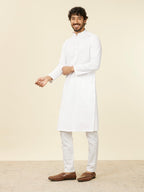 Manyavar White Cotton Embroidery|Jacquard Kurta Pyjama Set For Men