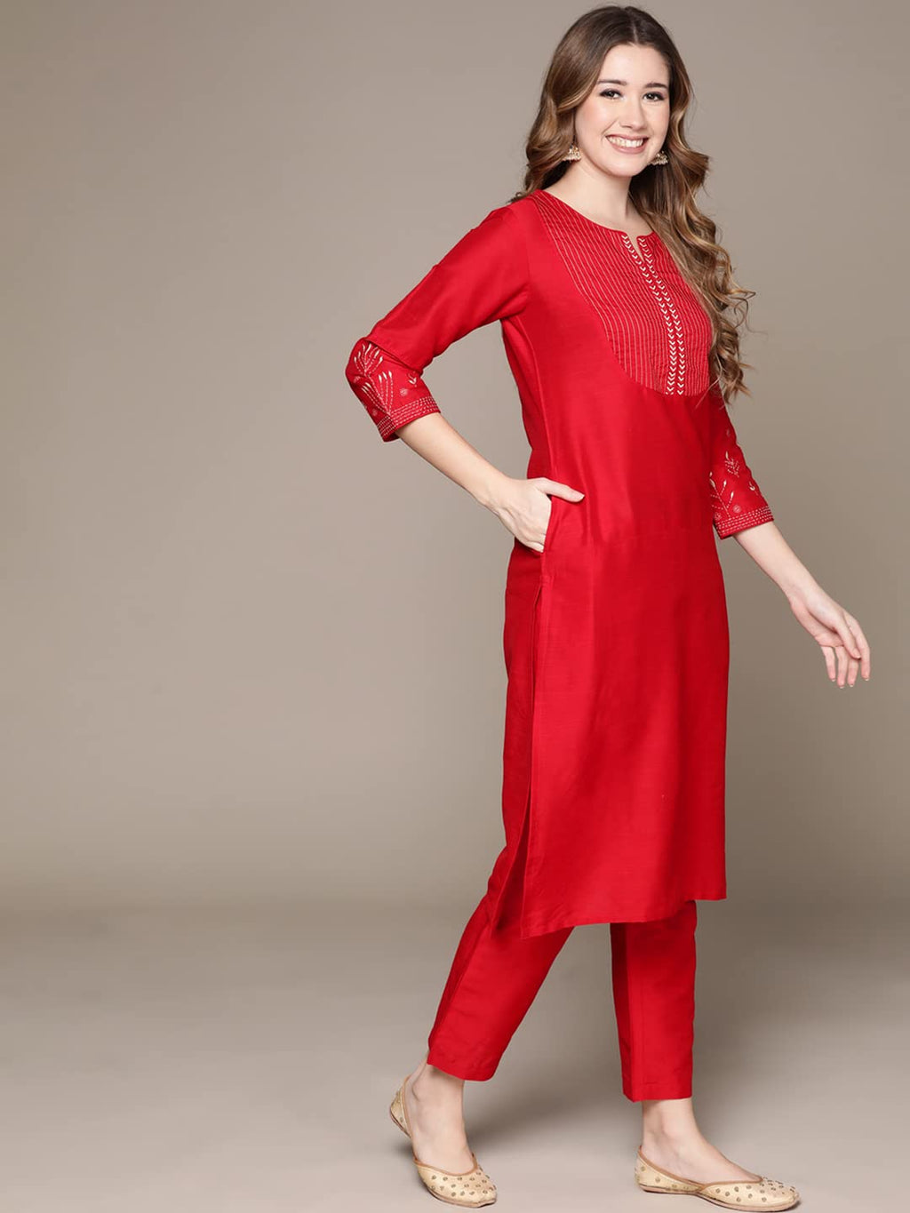 anubhutee Womens Cotton Red Woven Design Thread Work Straight Kurta Suit Set With Pants