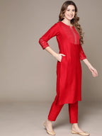 anubhutee Womens Cotton Red Woven Design Thread Work Straight Kurta Suit Set With Pants