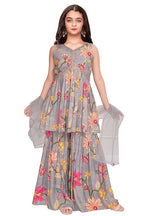 White Button New Grey Floral Print Alia Cut Peplum Top And Sharara Set For Girls