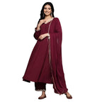 Varanga Women Maroon Zari & Sequins Embellished Anarkali Kurta With Bottom And Dupatta  V-Neck, Potali Button Yoke, Long Sleeves