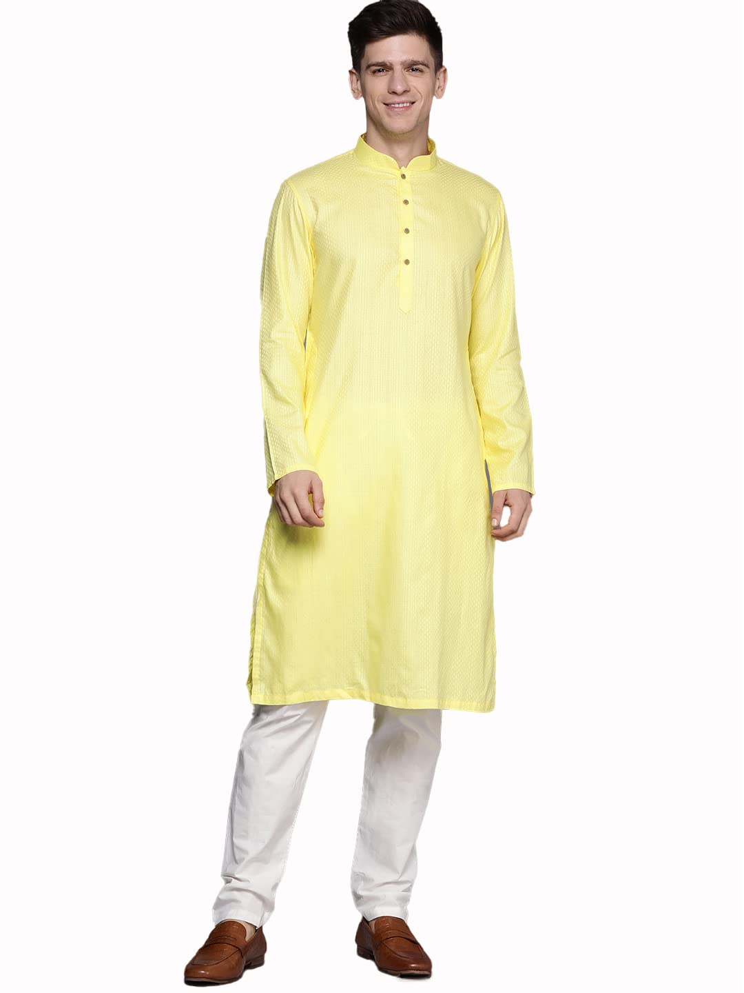 Manyavar Kurta Set For Men, Full Sleeves Mandarin Collar Ethnic Kurta Set For Engagement, Wedding, Party Cotton (Yellow, S)